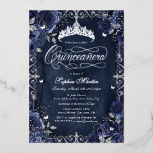 Invitación Con Relieve Metalizado Royal Navy Rosa Mariposa de Plata Quinceañera