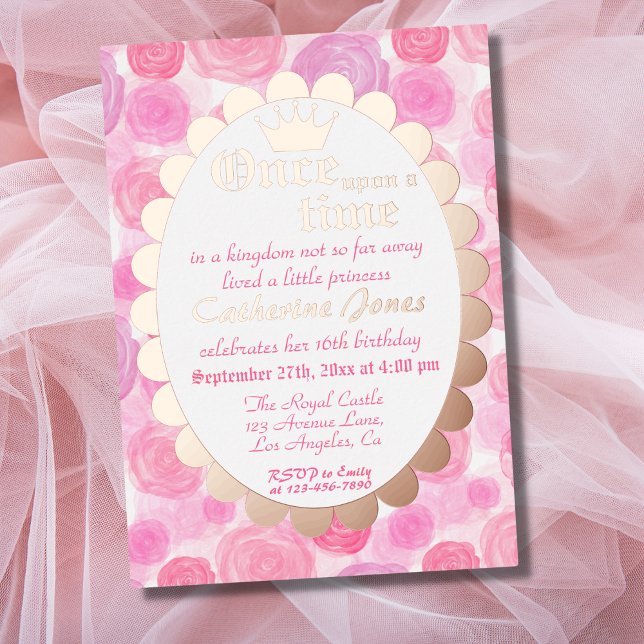Invitación Con Relieve Metalizado Royal Princess Pink Rose Gold Chica Cumpleaños (Subido por el creador)