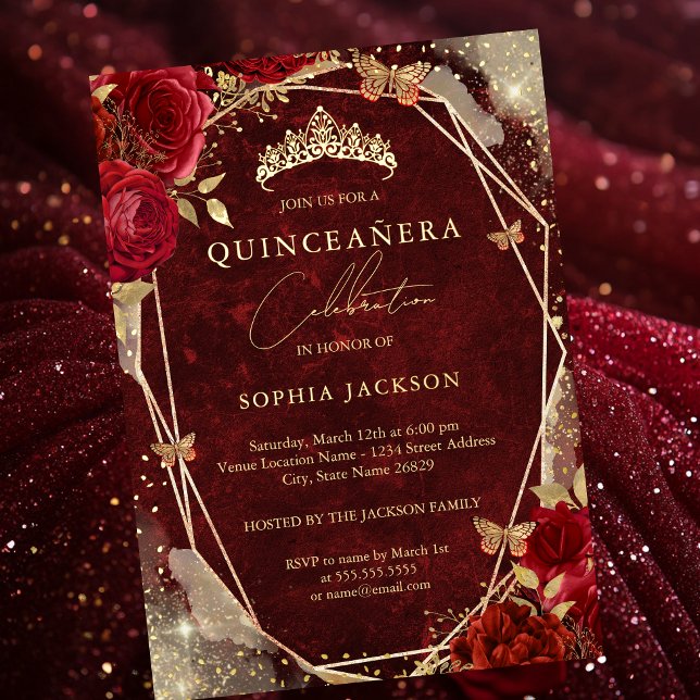 Invitación Con Relieve Metalizado Royal Red Floral Rosa Gold Tiara Quinceanera (Subido por el creador)