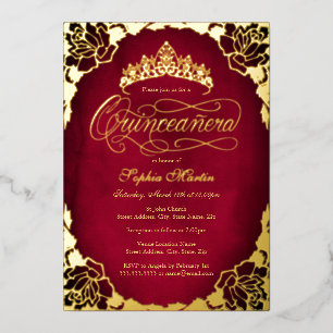 Invitación Con Relieve Metalizado Royal Red Gold Elegant Guión Rosa Quinceanera