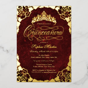 Invitación Con Relieve Metalizado Royal Red Gold Elegante Rosa Script Quinceañera 