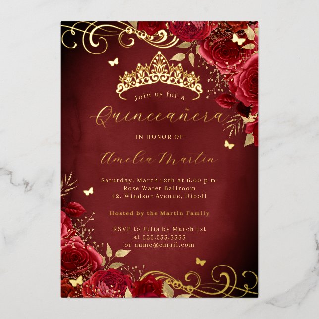 Invitación Con Relieve Metalizado Royal Red Rose Floral Gold Swirl Quinceanera (Anverso)