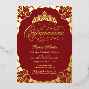 Invitación Con Relieve Metalizado Royal Rose Rojo Dorado Elegante Script Quinceanera