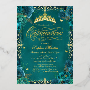 Invitación Con Relieve Metalizado Royal Teal Gold Butterfly Rose Quinceañera