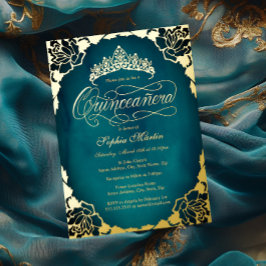 Invitación Con Relieve Metalizado Royal Verde azulado Gold Elegant Script Quinceaner