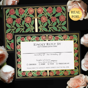 Invitación Con Relieve Metalizado RSVP para la Espada Floral de Oro Negro Boda Real
