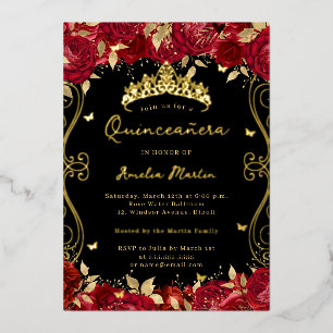 Invitación Con Relieve Metalizado Rubí Rojo Dorado Remolino Floral Quinceañera