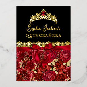 Invitación Con Relieve Metalizado Rubí Rojo Rosa Dorada Quinceañera
