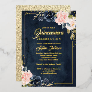 Invitación Con Relieve Metalizado Rubor Azul Marino REAL HOJA DE ORO Floral Quinceañ