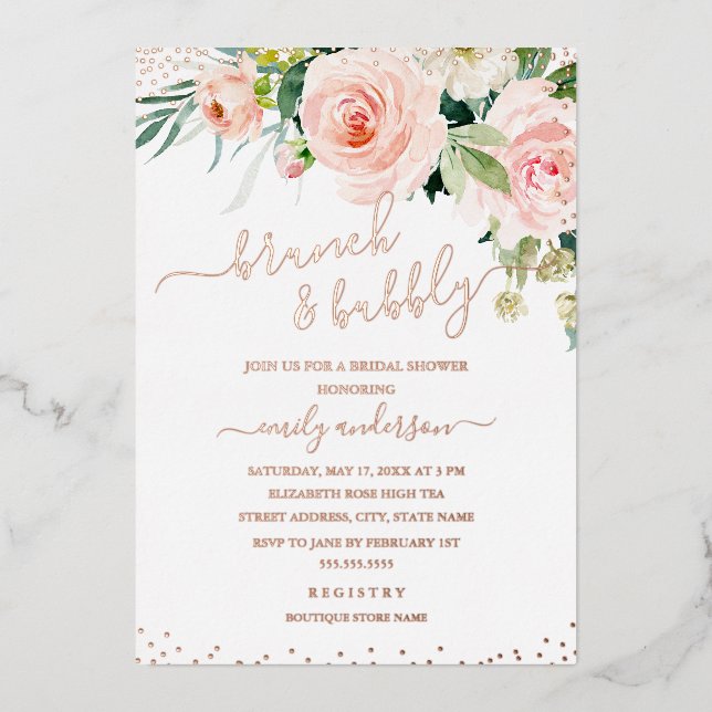 Invitación Con Relieve Metalizado Rubor Brunch Y Bubbly ROSA GOLD Bridal Shower (Anverso)