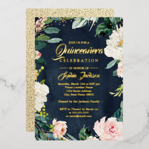 Invitación Con Relieve Metalizado Rubor de hoja de oro Corona floral Navy Quinceañer