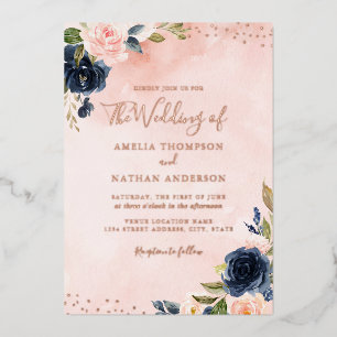 Invitación Con Relieve Metalizado Rubor de HOJALATA de oro rosa Boda floral naval