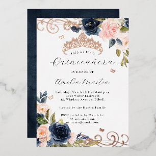 Invitación Con Relieve Metalizado Rubor de oro rosa naval Floral Swirl Quinceanera