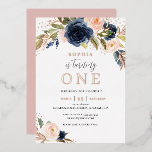 Invitación Con Relieve Metalizado Rubor de Rosa Dorado Cumpleaños niña 1 Navy Floral
