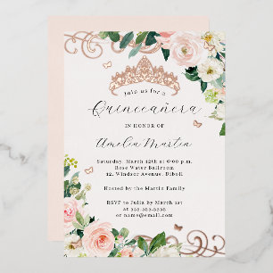 Invitación Con Relieve Metalizado Rubor de Rosa Dorado Floral Remolino Quinceañera