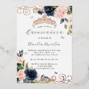 Invitación Con Relieve Metalizado Rubor de Rosa Dorado Fluir Floral Naval Quinceañer