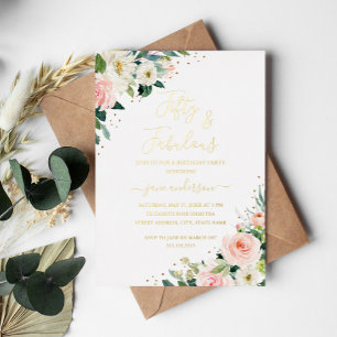 Invitación Con Relieve Metalizado Rubor Dorado Floral Rosa 50 y Fabuloso Cumpleaños