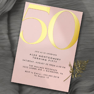 Invitación Con Relieve Metalizado Rubor Femenino Rosa y Dorado   Cumpleaños 50 de Mu