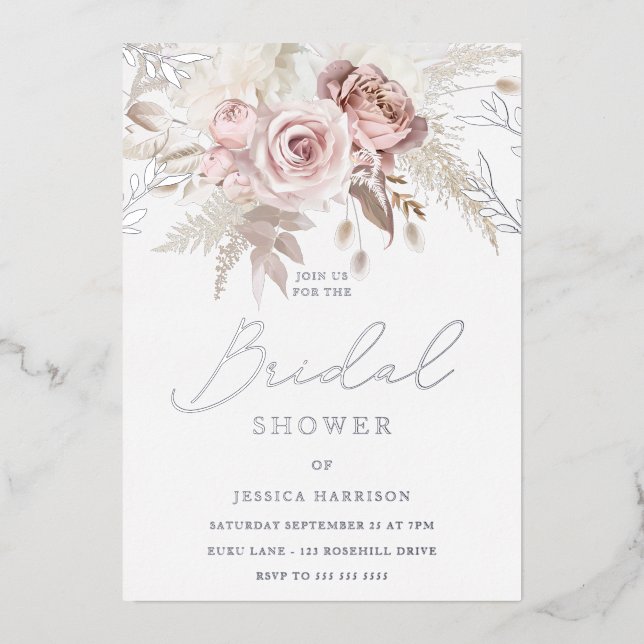 Invitación Con Relieve Metalizado Rubor Floral Bridal Shower Real Silver (Anverso)