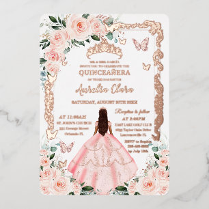 Invitación Con Relieve Metalizado Rubor Floral Quinceañera Princess Dress Rosa Gold