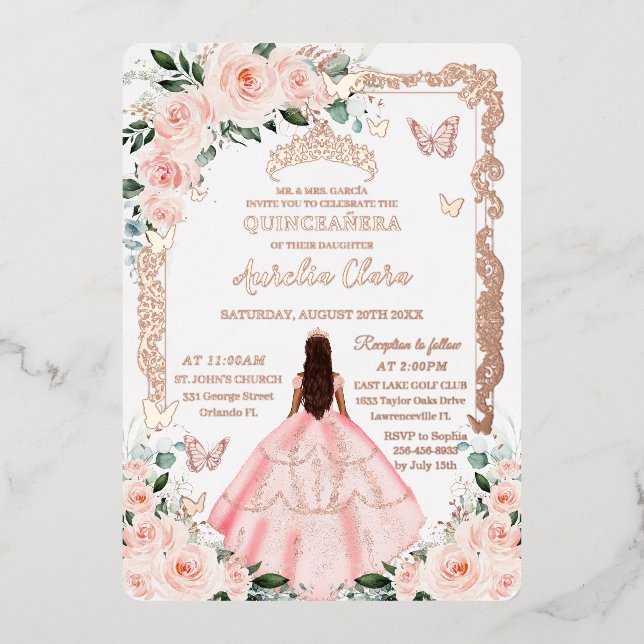 Invitación Con Relieve Metalizado Rubor Floral Quinceañera Princess Dress Rosa Gold (Anverso)