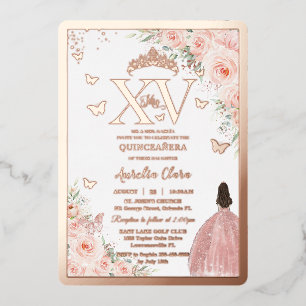 Invitación Con Relieve Metalizado Rubor Floral Quinceañera Quince XV Rosa de oro