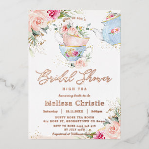 Invitación Con Relieve Metalizado Rubor Floral Tea Fiesta Bridal Shower Rosa Gold
