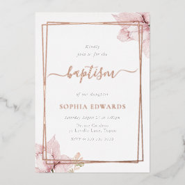 Invitación Con Relieve Metalizado Rubor Flores Petal Elegantes Chicas Bautismo Rosa 