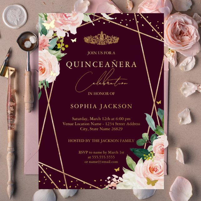 Invitación Con Relieve Metalizado Rubor Geométrico Burgundy Gold Floral Quinceanera (Subido por el creador)