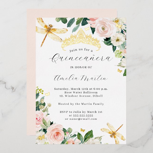 Invitación Con Relieve Metalizado Rubor Gold Flagonfly Quinceanera (Anverso/Reverso)