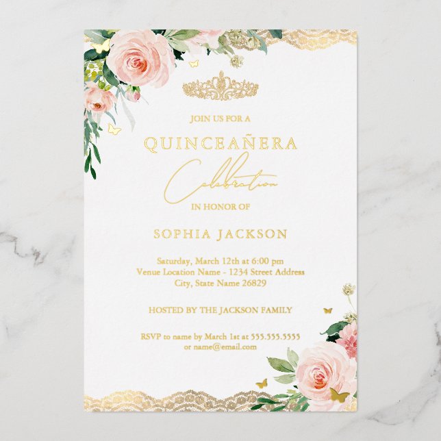 Invitación Con Relieve Metalizado Rubor Gold Floral Lace Quinceanera (Anverso)