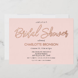 Invitación Con Relieve Metalizado Rubor Minimalista Script Bridal Shower Rosa Gold