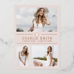 Invitación Con Relieve Metalizado Rubor Modern Typography 3 Photo Graduation Party