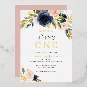 Invitación Con Relieve Metalizado Rubor Naval Floral Niña 1er Cumpleaños Dorado