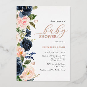 Invitación Con Relieve Metalizado Rubor Navy Floral Butterfly Baby Shower