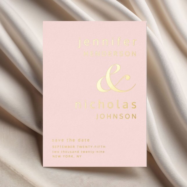 Invitación Con Relieve Metalizado Rubor Pink Ampersand Wedding Save The Date Gold (Blush Pink Ampersand Wedding Save The Date Gold Foil Invitation)