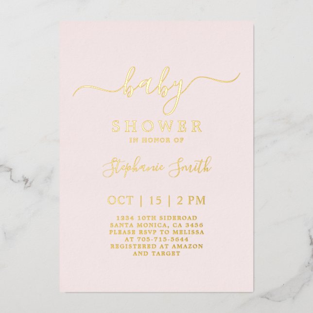 Invitación Con Relieve Metalizado Rubor Pink Baby Shower real (Anverso)