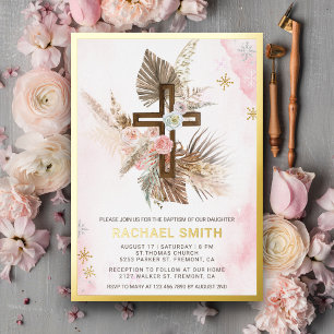 Invitación Con Relieve Metalizado Rubor Pink Floral Boho Pampas Cruce de Madera Baut