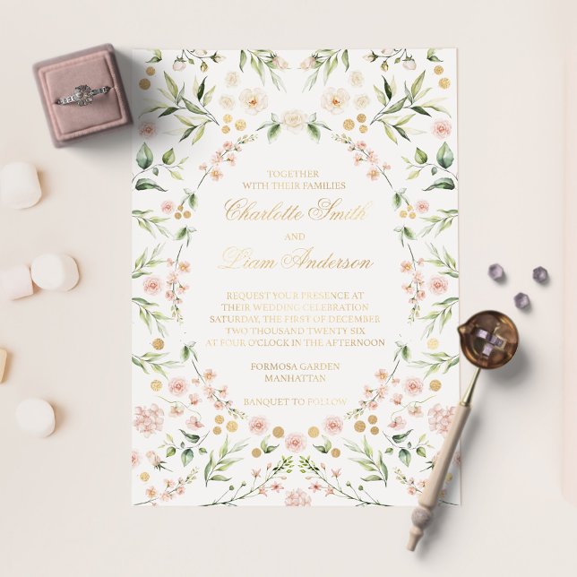 Invitación Con Relieve Metalizado Rubor Pink Floral Botanical Elegant Wedding Gold F (Subido por el creador)