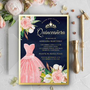 Invitación Con Relieve Metalizado Rubor Pink Floral Gown Navy Blue Quinceanera Gold