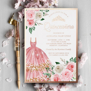 Invitación Con Relieve Metalizado Rubor Pink Floral Gown Quinceanera Rosa Gold