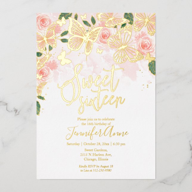 Invitación Con Relieve Metalizado Rubor Pink Floral Sweet 16 Butterfly Gold (Anverso)