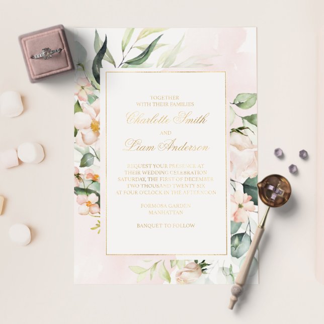 Invitación Con Relieve Metalizado Rubor Pink & Greenery Elegant Wedding Gold (Subido por el creador)