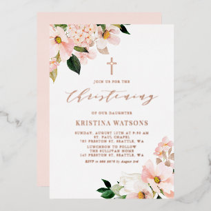 Invitación Con Relieve Metalizado Rubor Pink Magnolias Rosa Christening Gold