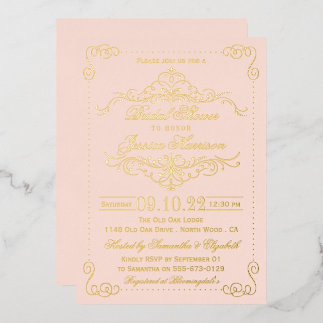 Invitación Con Relieve Metalizado Rubor Pink & Ornate Swirls Bridal Shower Real (Anverso/Reverso)