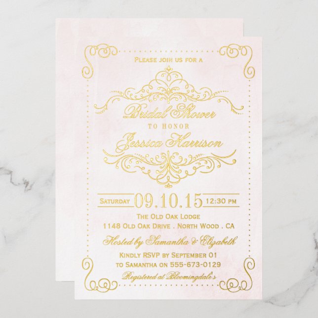 Invitación Con Relieve Metalizado Rubor Pink & Ornate Swirls Bridal Shower Real (Anverso/Reverso)