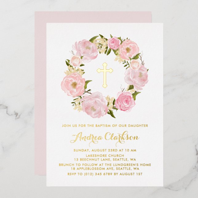 Invitación Con Relieve Metalizado Rubor Pink Peony Floral Wreath Baby Baptism (Anverso/Reverso)