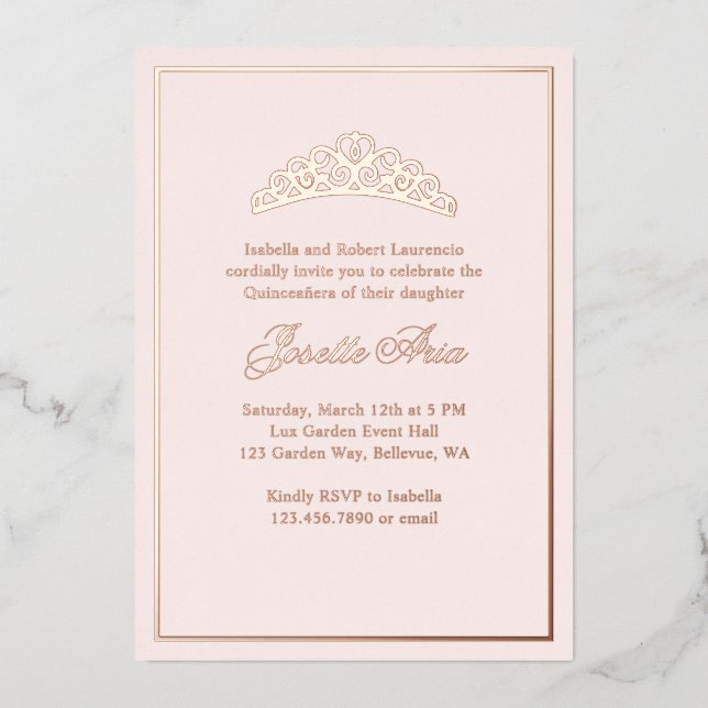 Invitación Con Relieve Metalizado Rubor Pink Quinceanera de lujo clásico formal (Anverso)