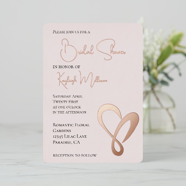 Invitación Con Relieve Metalizado Rubor Pink Romantic Love Heart Bridal Shower (Anverso de pie)