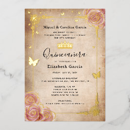 Invitación Con Relieve Metalizado Rubor Pink Watercolor Rosa Gold Quinceañera